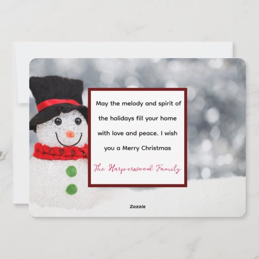 Elegante sneeuwpop vreugde Kerstmis Familie Foto C Feestdagenkaart (Achterkant)