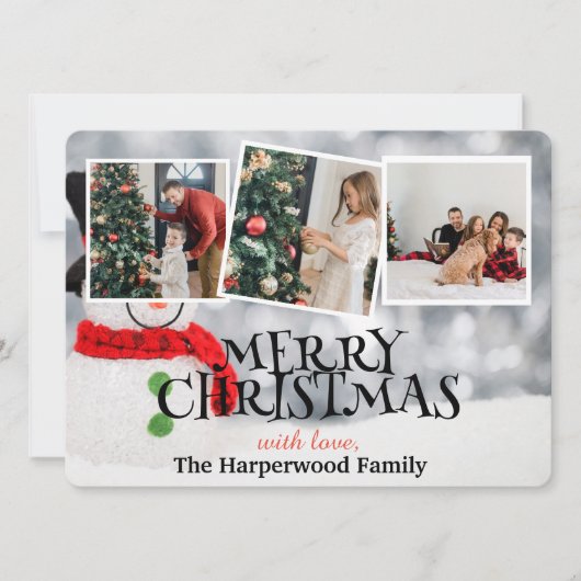 Elegante sneeuwpop vreugde Kerstmis Familie Foto C Feestdagenkaart (Voorkant)