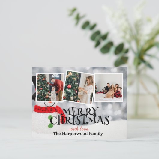 Elegante sneeuwpop vreugde Kerstmis Familie Foto C Feestdagenkaart (Staand voorkant)