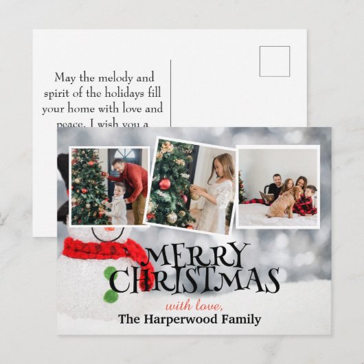 Elegante sneeuwpop vreugde Kerstmis Familie Foto C Feestdagenkaart (Voorkant / Achterkant)