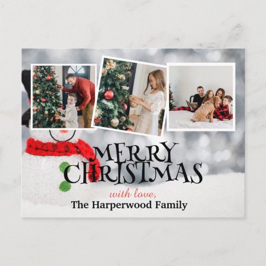 Elegante sneeuwpop vreugde Kerstmis Familie Foto C Feestdagenkaart (Voorkant)