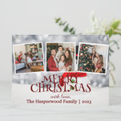 Elegante sneeuwpop vreugde Kerstmis Familie Foto C Feestdagenkaart (Staand voorkant)