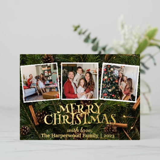 Elegante sneeuwpop vreugde Kerstmis Familie Foto C Folie Feestdagenkaart (Staand Voorkant)