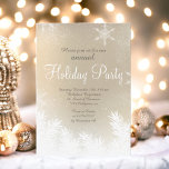 Elegante sneeuwvlok gouden winter bedrijfsvakantie kaart<br><div class="desc">Elegante gouden gradiënt sneeuwvlok winter zakelijke kerstvakantie feest. elegante,  moderne en winter wonderland corporate vakantie feestthema met sneeuwvlokken,  vallende sneeuw,  sterrenstof en besneeuwde dennen takken in het wit. Perfect voor winterfeesten,  kerst en oudejaarsavond. Tekst volledig aanpasbaar</div>