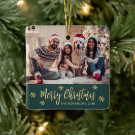 Elegante Sneeuwvlok Groen en Goud Foto Kerstmis Keramisch Ornament