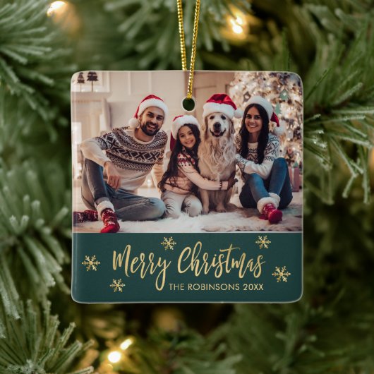 Elegante Sneeuwvlok Groen en Goud Foto Kerstmis Keramisch Ornament (Boom)