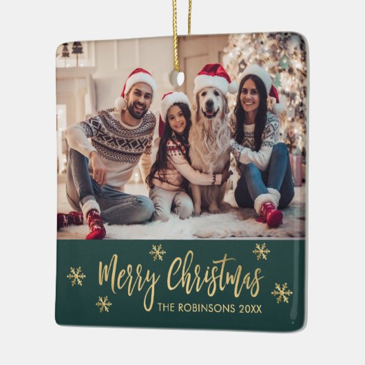 Elegante Sneeuwvlok Groen en Goud Foto Kerstmis Keramisch Ornament (Links)