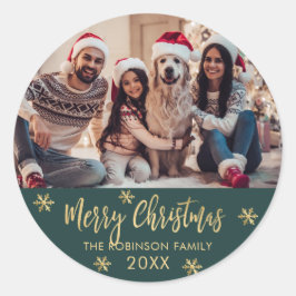 Elegante Sneeuwvlok Groen en Goud Foto Kerstmis Ronde Sticker