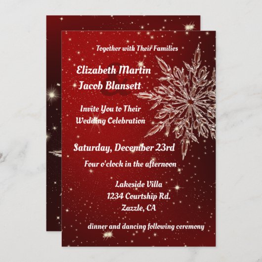 Elegante sneeuwvlok in rode bruiloft kaart (Voorkant / Achterkant)