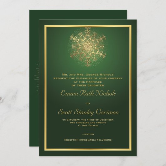 Elegante sneeuwvlok op groene winterbruiloft kaart (Voorkant / Achterkant)