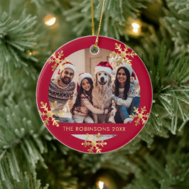 Elegante Sneeuwvlok Rood en Goud Foto Kerstmis Keramisch Ornament
