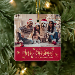 Elegante Sneeuwvlok Rood en Goud Foto Kerstmis Keramisch Ornament