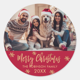 Elegante Sneeuwvlok Rood en Goud Foto Kerstmis Ronde Sticker