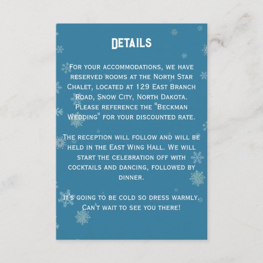 Elegante sneeuwvlok winter blauw | Huwelijksdetail Informatiekaartje (Voorkant)