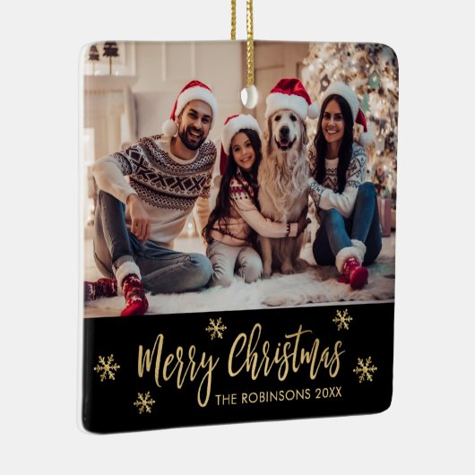 Elegante Sneeuwvlok Zwart en Goud Foto Kerstmis Keramisch Ornament (Rechts)