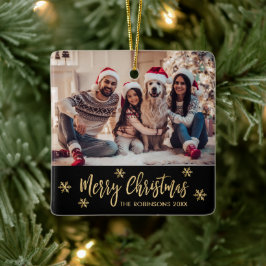 Elegante Sneeuwvlok Zwart en Goud Foto Kerstmis Keramisch Ornament