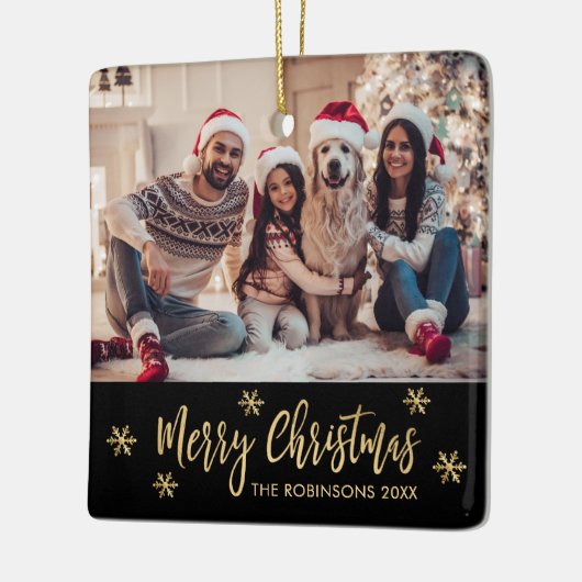 Elegante Sneeuwvlok Zwart en Goud Foto Kerstmis Keramisch Ornament (Links)