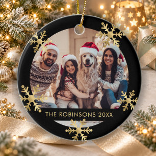Elegante Sneeuwvlok Zwart en Goud Foto Kerstmis Keramisch Ornament