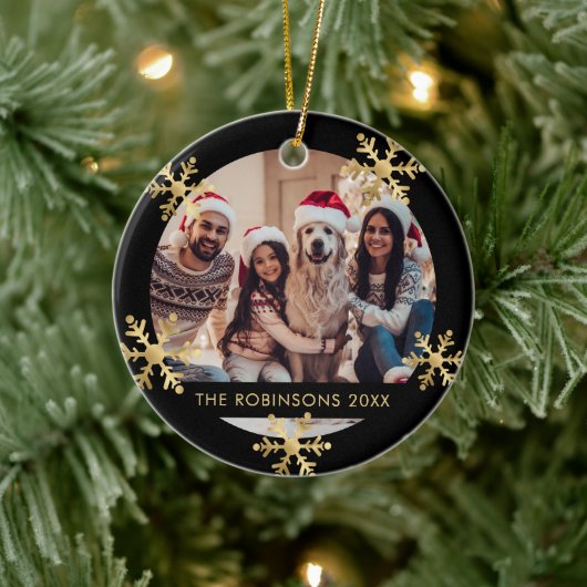 Elegante Sneeuwvlok Zwart en Goud Foto Kerstmis Keramisch Ornament (Boom)