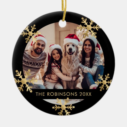 Elegante Sneeuwvlok Zwart en Goud Foto Kerstmis Keramisch Ornament (Voorkant)