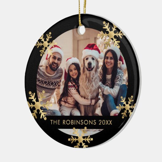 Elegante Sneeuwvlok Zwart en Goud Foto Kerstmis Keramisch Ornament (Links)