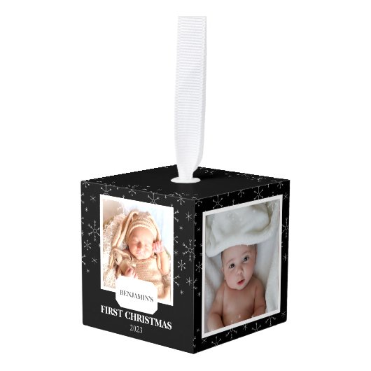 Elegante Sneeuwvlokken Baby Eerste Kerstmis 4 Foto Decoratie (Voorkant hoekig)