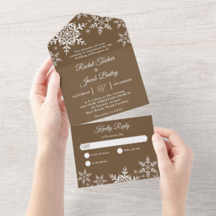 Elegante Sneeuwvlokken Kerst Winter Bruine Bruilof All In One Uitnodiging