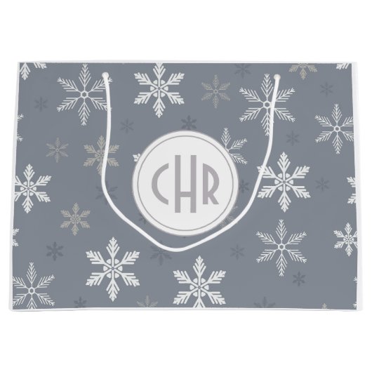 Elegante sneeuwvlokken op blauwe achtergrond groot cadeauzakje (Voorkant)