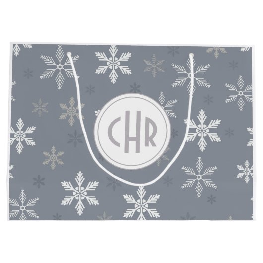 Elegante sneeuwvlokken op blauwe achtergrond groot cadeauzakje (Achterkant)