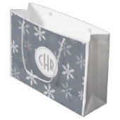Elegante sneeuwvlokken op blauwe achtergrond groot cadeauzakje (Voorkant Gekanteld)