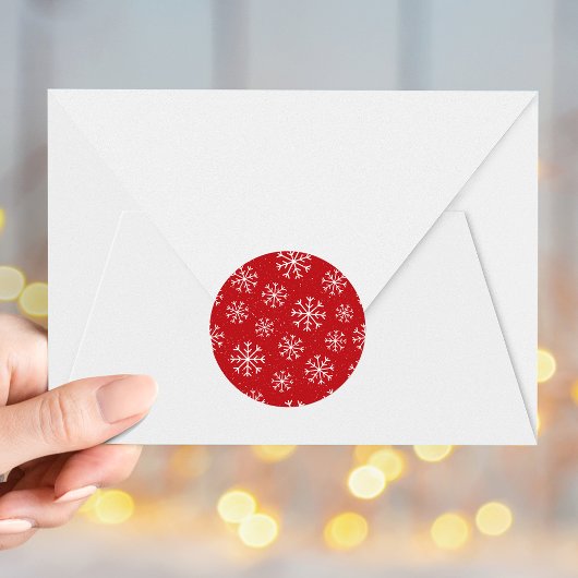 Elegante sneeuwvlokken rode vakantie ronde sticker