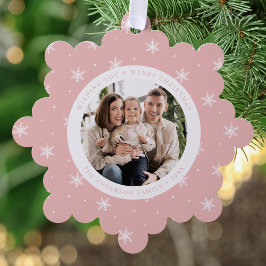 Elegante sneeuwvlokken roze 2 foto vakantie ornament kaart