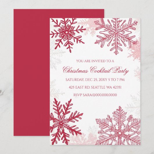 Elegante sneeuwvlokken roze rode kerstcocktails kaart (Voorkant / Achterkant)