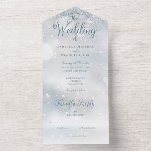 Elegante sneeuwvlokken Script Winterhuwelijk All In One Uitnodiging (Binnen)