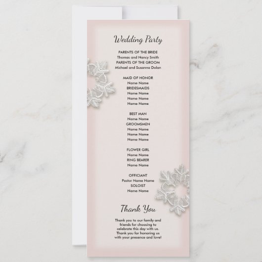 Elegante Sneeuwvlokken Winter Bruiloftsprogramma Kaart (Achterkant)