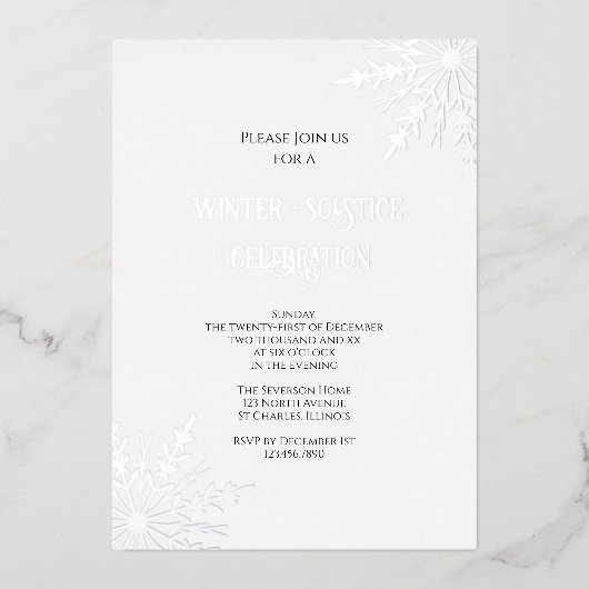 Elegante sneeuwvlokken Winter zonnewende viering Folie Uitnodiging (Voorkant)