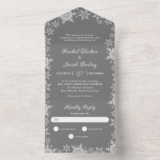 Elegante Sneeuwvlokken Zilveren Grijze Kerstbruilo All In One Uitnodiging (Binnen)