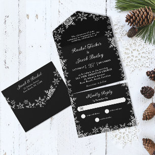 Elegante Sneeuwvlokken Zwart & Wit Kerstmis Bruilo All In One Uitnodiging