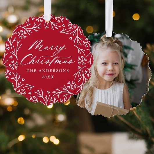 Elegante Sneeuwvlokkrans Rood Foto Kerstmis Ornament Kaart