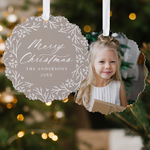 Elegante Sneeuwvlokkrans Taupe Foto Kerstmis Ornament Kaart