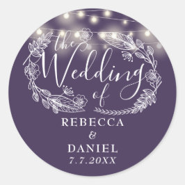 Elegante snoerlampen bloemig paarse bruiloft ronde sticker