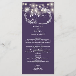 Elegante snoerlampjes bloemrijk paars bruiloft menu