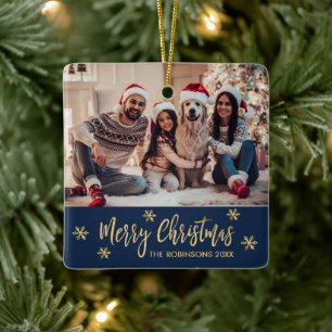 Elegante Snowflake Marine en Gouden Foto Kerstmis Keramisch Ornament