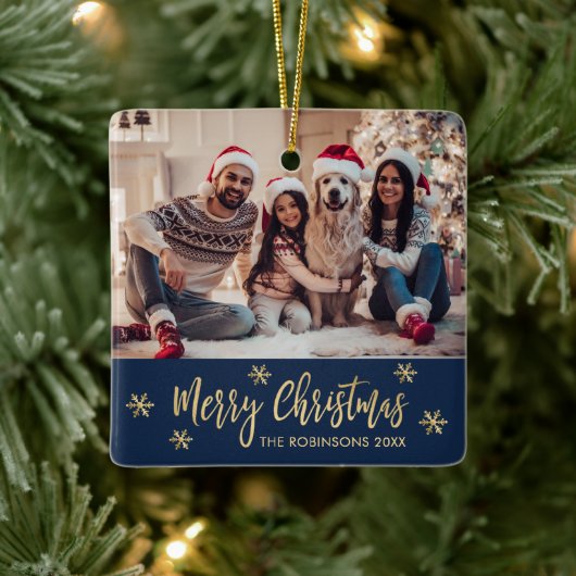 Elegante Snowflake Marine en Gouden Foto Kerstmis Keramisch Ornament (Boom)