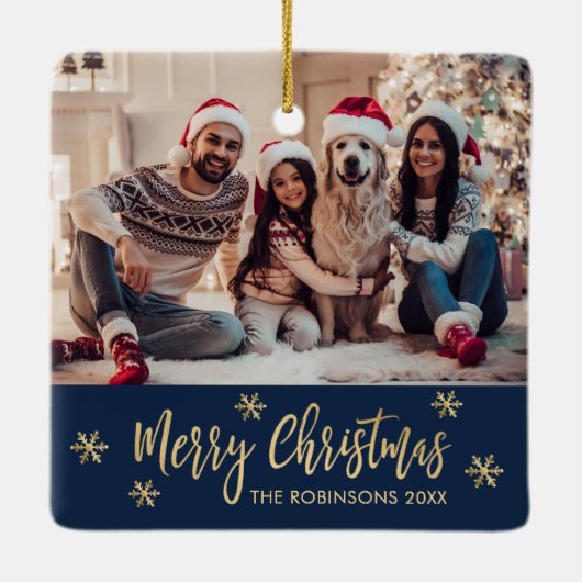 Elegante Snowflake Marine en Gouden Foto Kerstmis Keramisch Ornament (Achterkant)