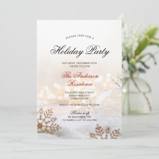Elegante Snowy Baubles kerstfeest uitnodiging (Staand voorkant)