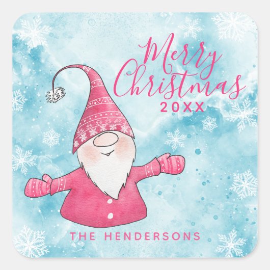 Elegante Snowy Blue en Pink Gnome Vrolijk Kerstfee Vierkante Sticker (Voorkant)