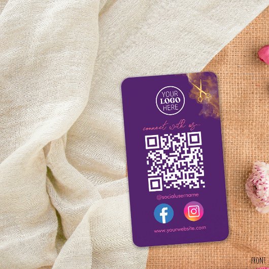 Elegante Social Media Paarse QR Code Gouden Schaar Visitekaartje