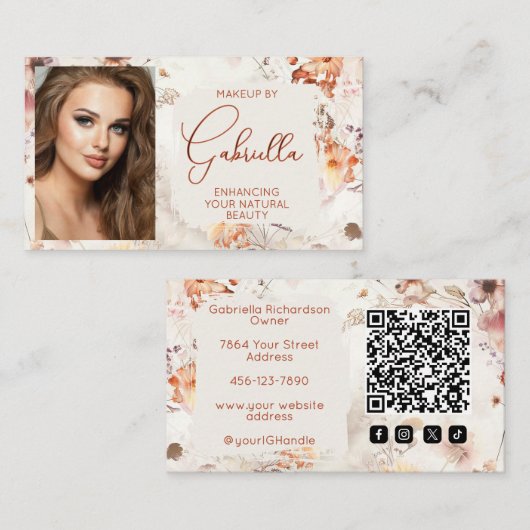 Elegante Sociale Iconen QR Code Foto Make-up Visitekaartje (Voorkant / Achterkant)