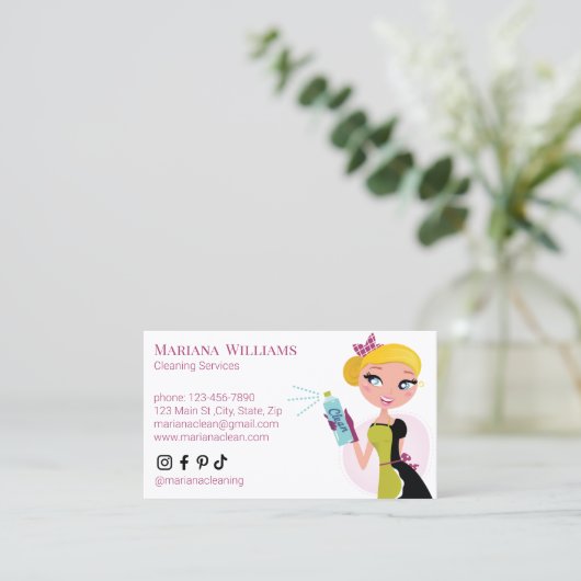 Elegante sociale media schoonmaakdiensten roze scr visitekaartje (Staand voorkant)